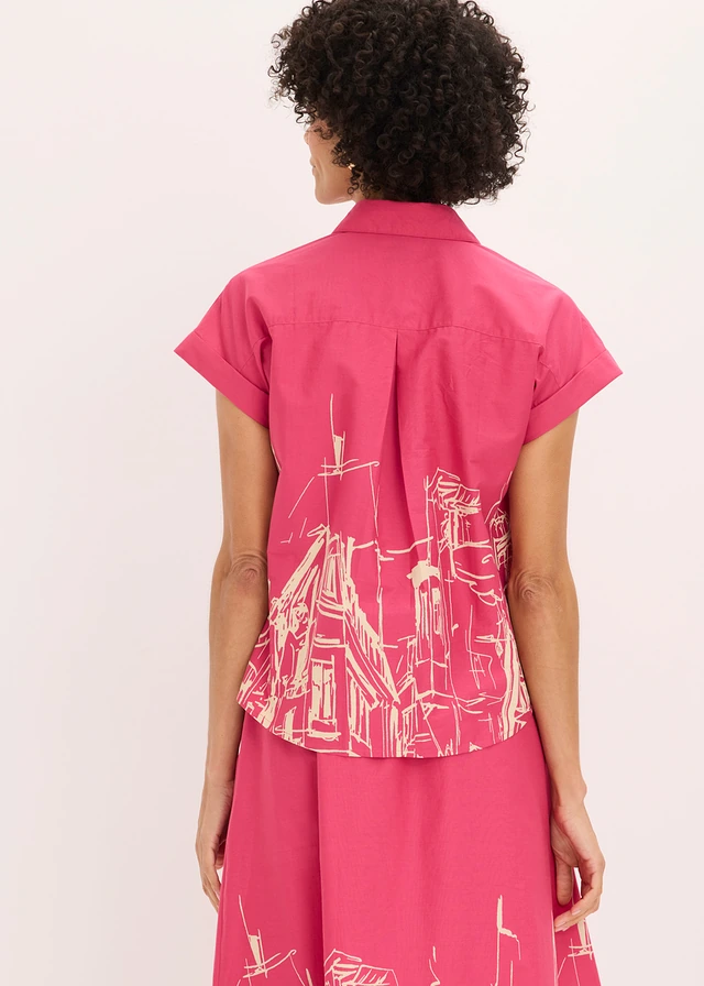 Oversized popeline blouse van katoen met korte mouwen, Kleur: pinklady/kiezelgrijs grafische print