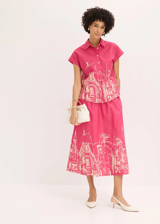 Chemisier manches courtes oversize en popeline de coton, Couleur: fuchsia-beige galet graphique