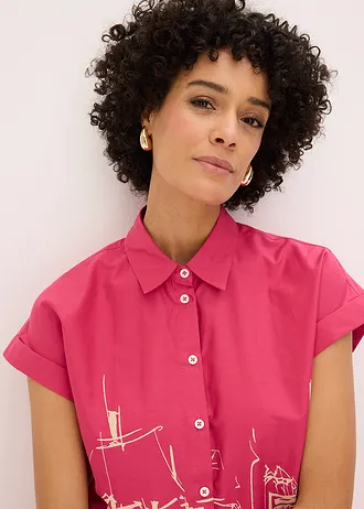 Bluză oversize din poplin de bumbac, cu mânecă scurtă • roz-pinklady/bej-prund • magazin bonprix