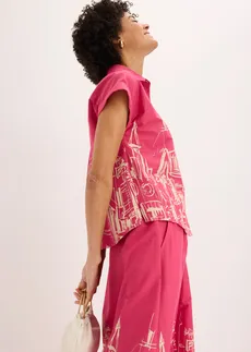Chemisier manches courtes oversize en popeline de coton • fuchsia/beige galet graphique • Boutique bonprix