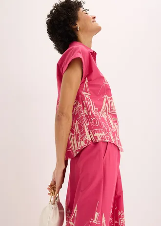 Popelínová oversize halenka s krátkým rukávem, z bavlny • pinklady-šedobéžová s grafickým potiskem • bonprix obchod