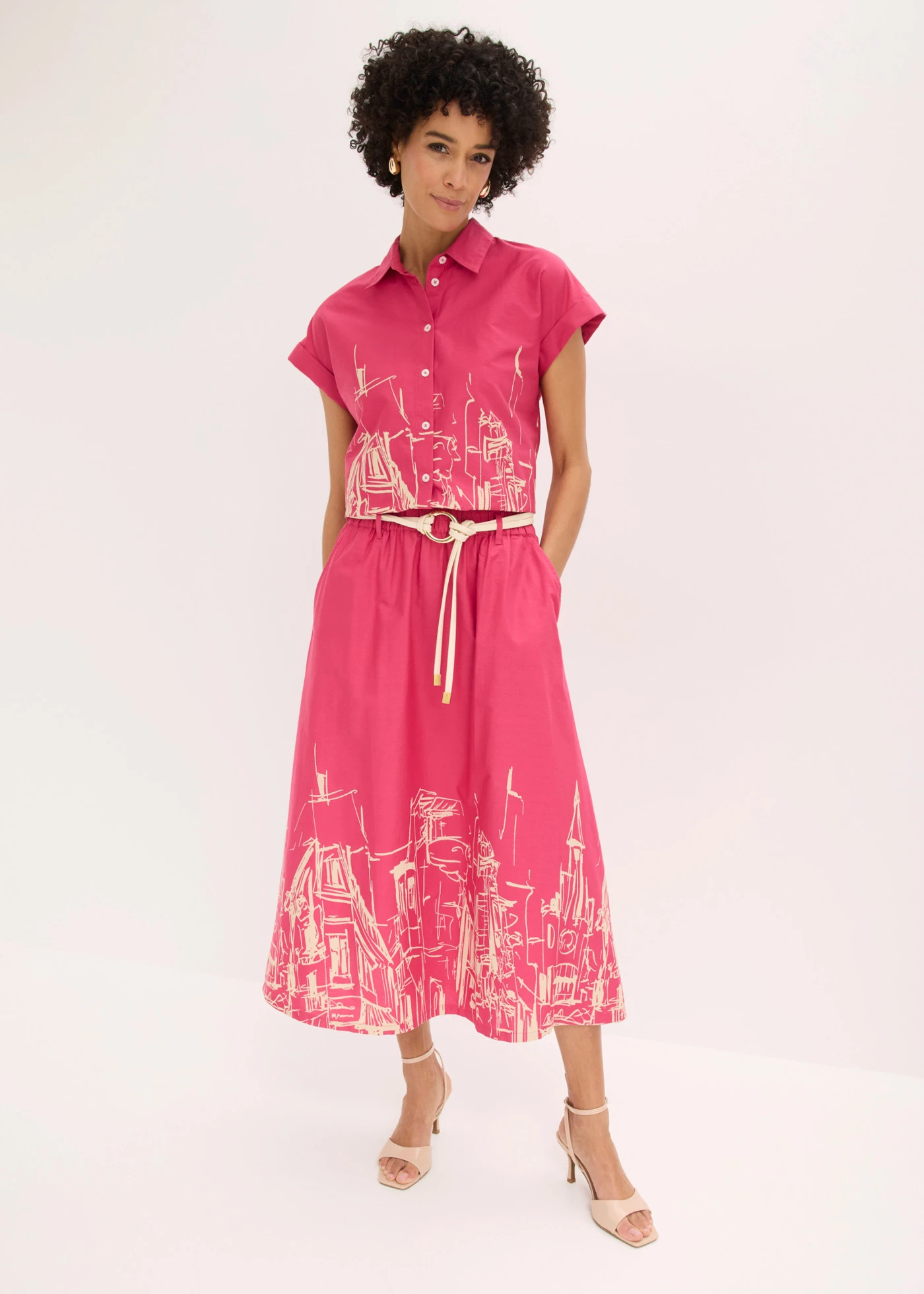 Fustă midi 100% din bumbac organic • roz-pinklady/bej-prund cu imprimeu • magazin bonprix