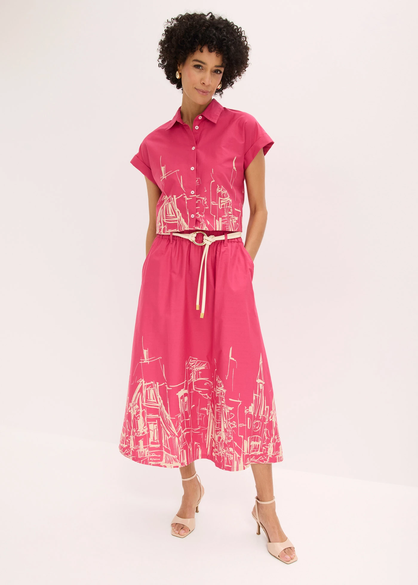 Spódnica midi z czystej bawełny organicznej • różowy „pink lady” - szarobeżowy • sklep bonprix