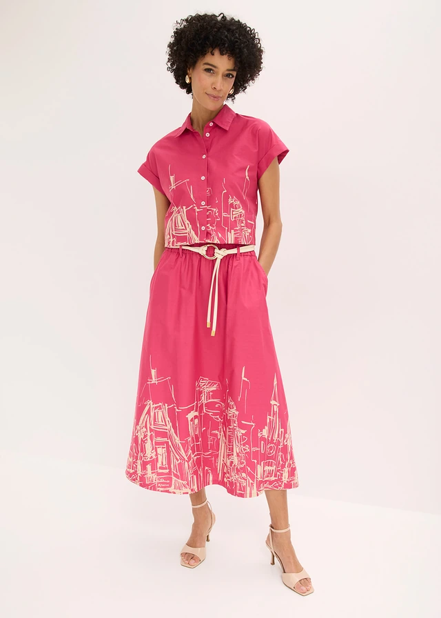 Spódnica midi z czystej bawełny organicznej, kolor: różowy „pink lady” - szarobeżowy