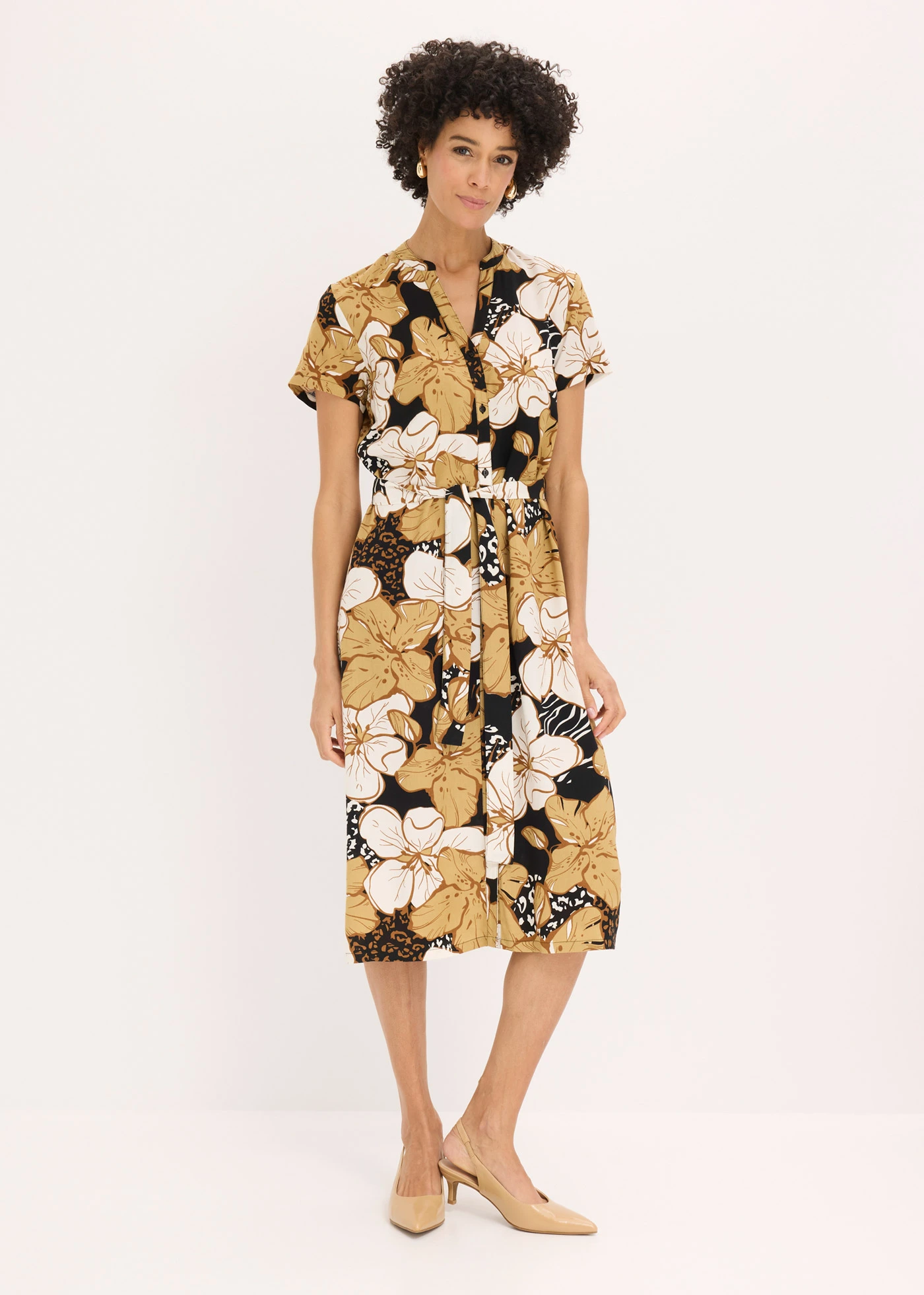 Viscose jurk met strikceintuur • zwart-new beige gebloemd • bonprix online shop