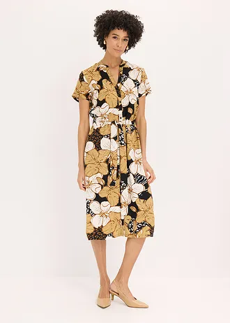 Viscose jurk met strikceintuur, Kleur: zwart-new beige gebloemd