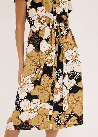 Viscose jurk met strikceintuur • zwart-new beige gebloemd • bonprix online shop