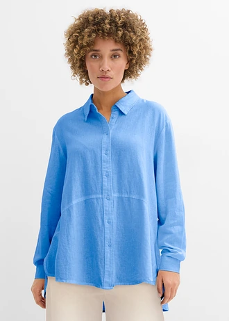 Oversized blouse van linnenmix, Kleur: middenblauw