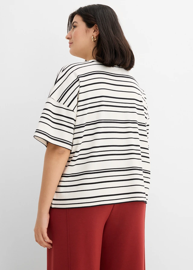 T-shirt rayé 100% coton, Couleur: blanc nacré-noir rayé