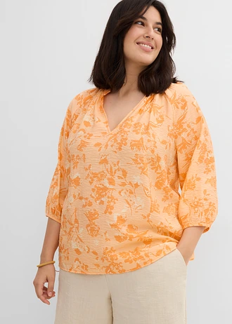 Tuniekblouse van een viscosemix, Kleur: papaya-nectarine-crème-apricot gedessineerd