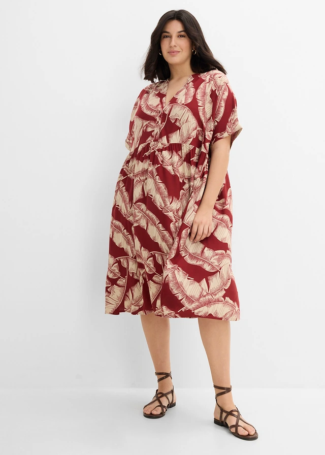 Robe caftan midi en viscose fluide, Couleur: rouge désert-sable clair imprimé