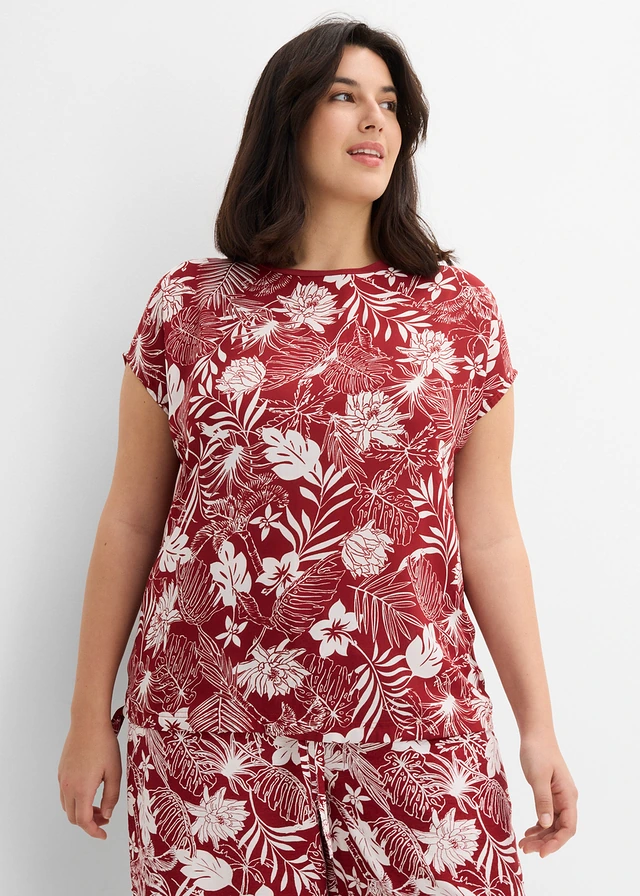 T-shirt en jersey viscose, Couleur: devant : rouge désert-écru imprimédos : rouge désert uni