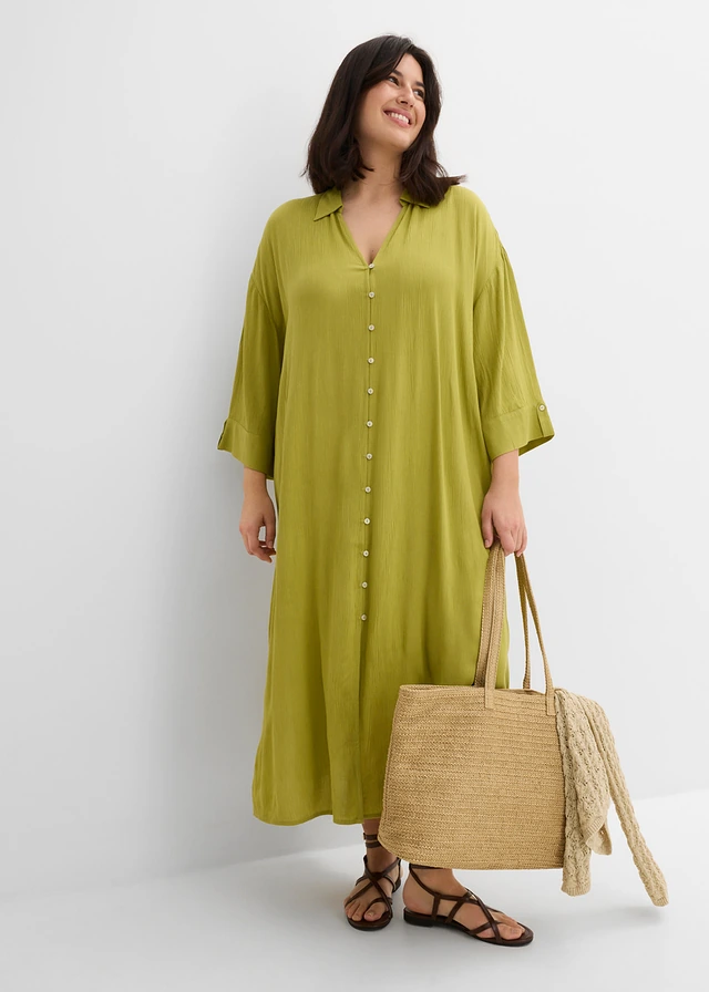 Robe caftan en viscose fluide, Couleur: vert cactus