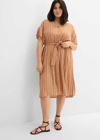 Kaftan jurk van zachte viscose, Kleur: mat camel-bruin-wolwit gestreept