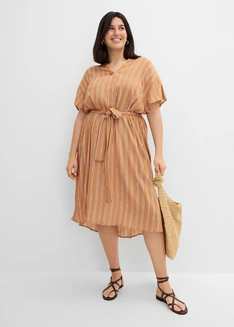 Robe caftan en viscose douce, Couleur: camel mat-marron foncé-écru rayé