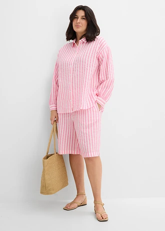 Chemisier en gaze 100% coton, Couleur: rose-écru rayé