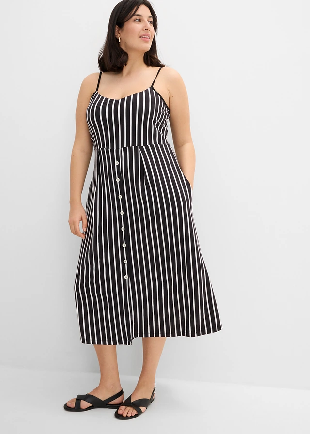Robe midi en douce viscose extensible, Couleur: noir-écru rayé