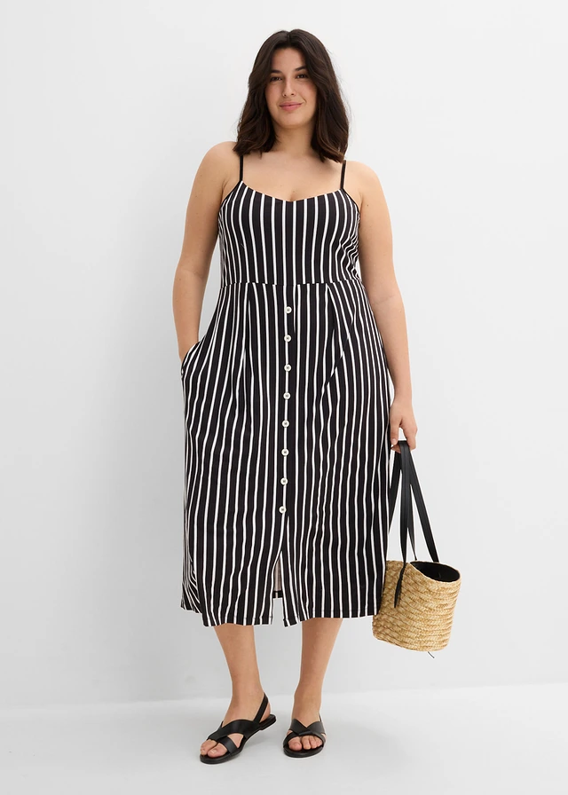 Robe midi en douce viscose extensible, Couleur: noir-écru rayé
