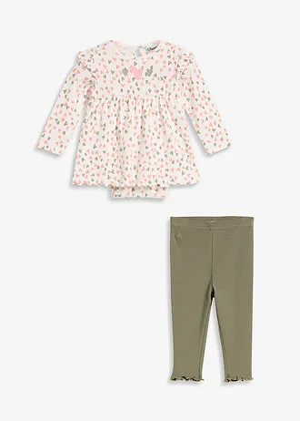Bodyjurk en legging van biologisch katoen (2-dlg. set), Kleur: wolwit-zoet roze-zeegras gedessineerd
