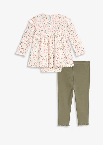 Rochiță-body și colanți din bumbac organic (set/2 piese) • ecru-roz-bonbon-verde-stuf cu imprimeu • magazin bonprix