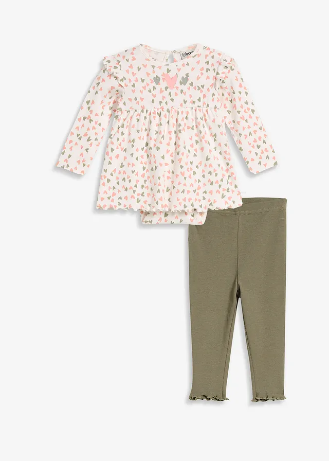 Sukienka z body i legginsy z bawełny organicznej (komplet 2-cz.) • biel wełny-landrynkowy róż-trawa morska z nadrukiem • sklep bonprix