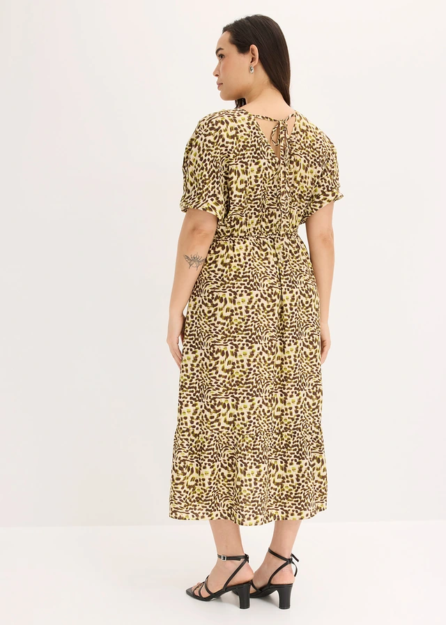 Midi jurk van soepele viscose, Kleur: kiezelbeige-natuurgroen gedessineerd
