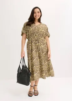 Midi jurk van soepele viscose, Kleur: kiezelbeige-natuurgroen gedessineerd