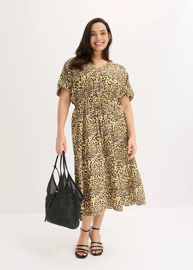 Midi jurk van soepele viscose, Kleur: kiezelbeige-natuurgroen gedessineerd