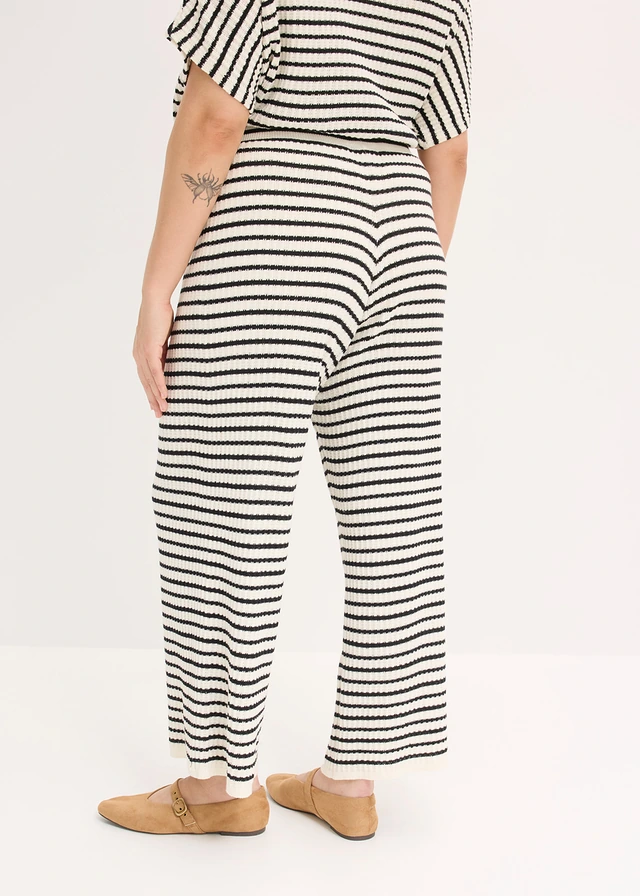 Gebreide broek van luchtige linnenmix, Kleur: parelwit-zwart gestreept