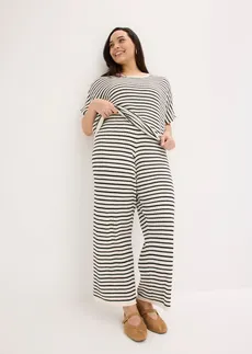 Pantalon léger en maille, Couleur: blanc nacré-noir rayé