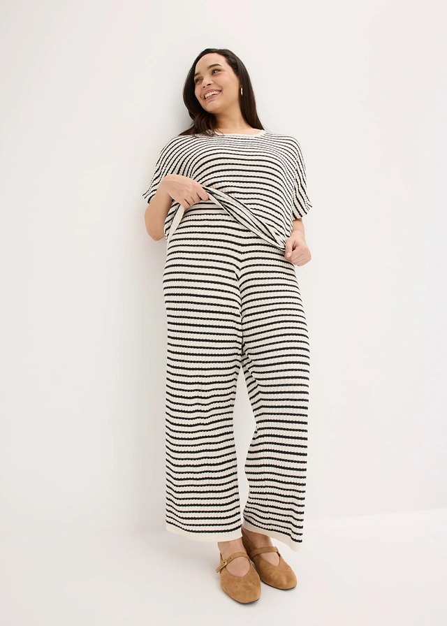 Pantalon léger en maille, Couleur: blanc nacré-noir rayé