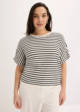 Gebreid shirt van een luchtige viscose-mix, Kleur: parelwit-zwart gestreept