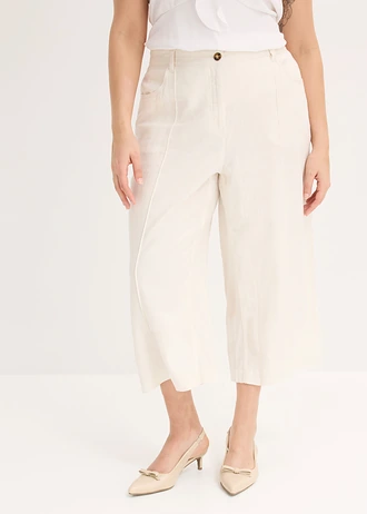 Culottebroek van luchtige linnenmix met plooien, Kleur: wolwit