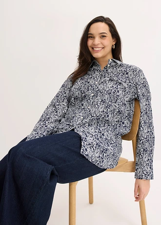 Bluză din material fin cu viscoză, culoare: bleumarin-alb perlat paisley