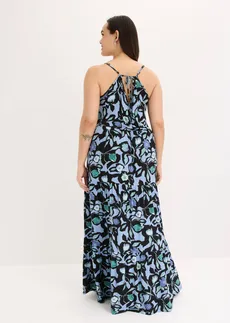 Robe longue en viscose douce et extensible, Couleur: noir-bleu clair floral
