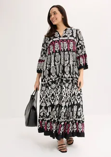 Robe longue en viscose fluide, Couleur: noir-écru-fuchsia imprimé