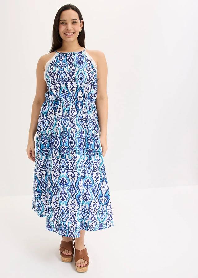 Midi jurk met kant, Kleur: wit/blauw met print