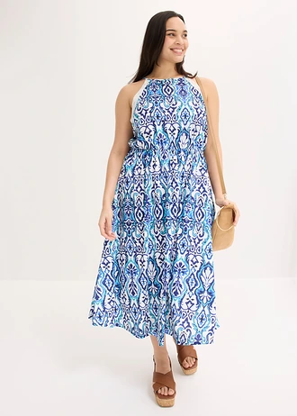 Midi jurk met kant, Kleur: wit/blauw met print