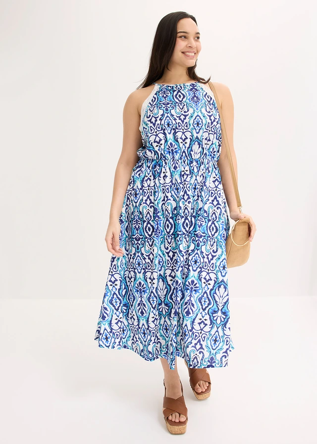 Midi jurk met kant, Kleur: wit/blauw met print