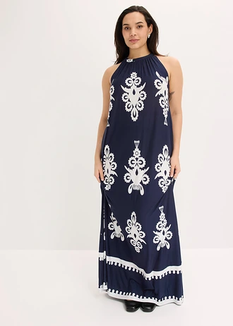 Jersey jurk in een zachte visocemix, Kleur: donkerblauw-wolwit gedessineerd