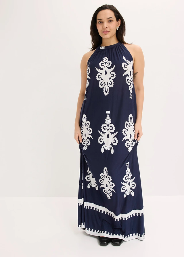 Robe douce en jersey viscose, Couleur: bleu foncé-écru imprimé