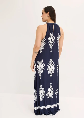 Jersey jurk in een zachte visocemix, Kleur: donkerblauw-wolwit gedessineerd