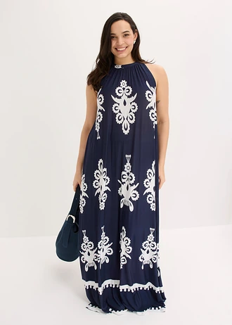 Jersey jurk in een zachte visocemix, Kleur: donkerblauw-wolwit gedessineerd