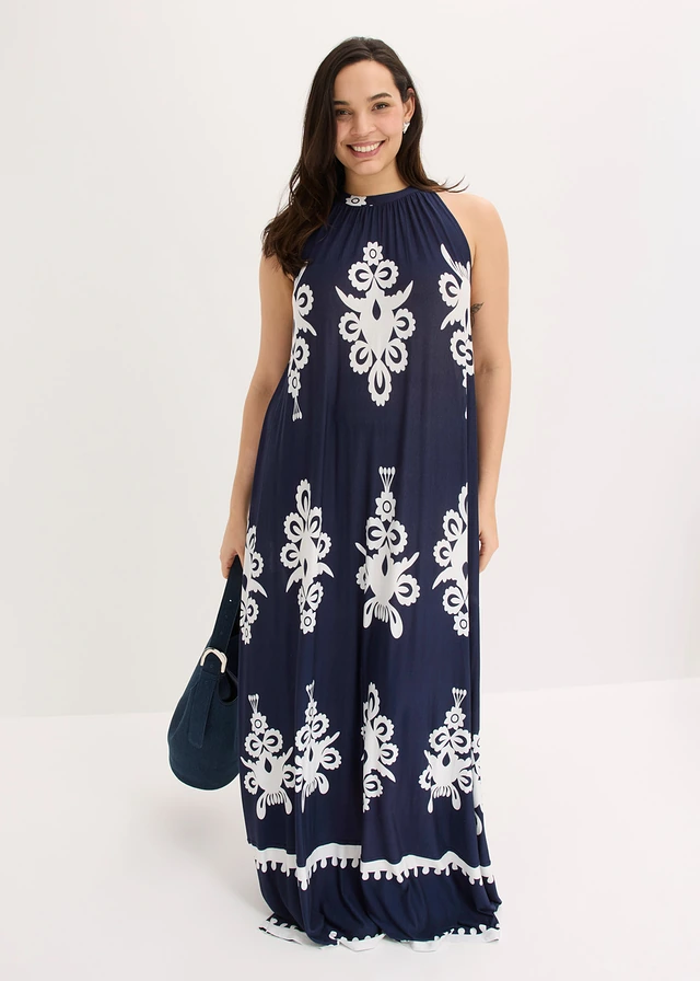 Robe douce en jersey viscose, Couleur: bleu foncé-écru imprimé