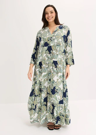 Maxi jurk van soepele viscose, Kleur: donkerblauw-wit-lichtgroen paisley