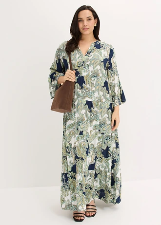 Maxi jurk van soepele viscose, Kleur: donkerblauw-wit-lichtgroen paisley