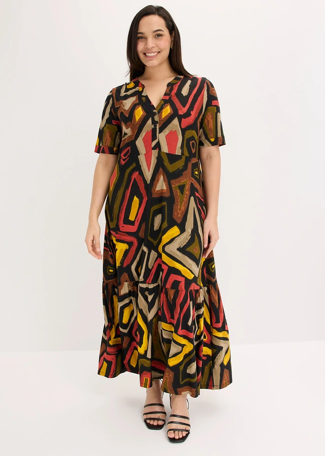 Robe longue en jersey viscose, Couleur: rouge carmin/noir imprimé