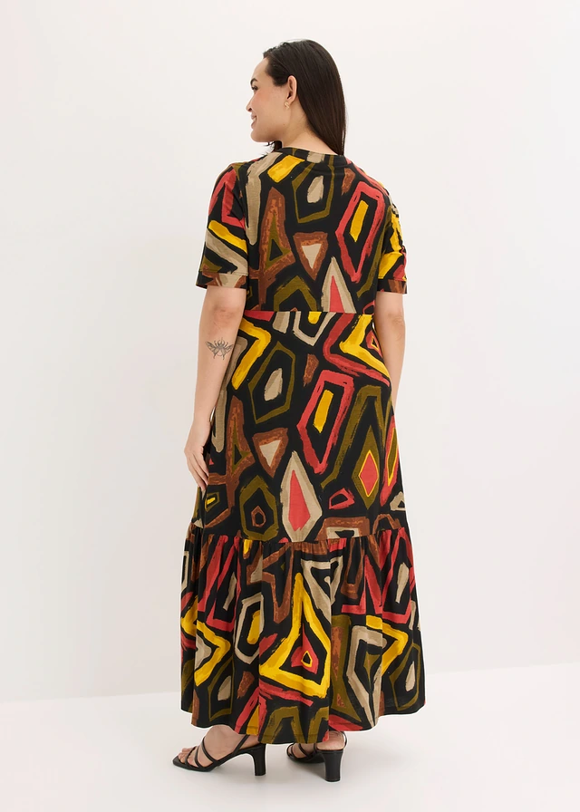Robe longue en jersey viscose, Couleur: rouge carmin/noir imprimé