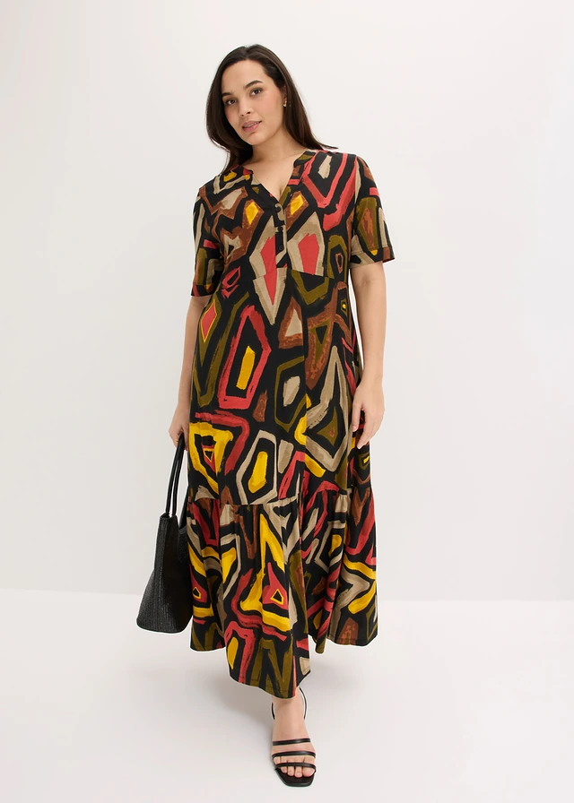 Robe longue en jersey viscose, Couleur: rouge carmin/noir imprimé