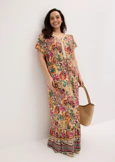 Jersey jurk in een zachte viscosemix, Kleur: crème-paars-turkoois met print